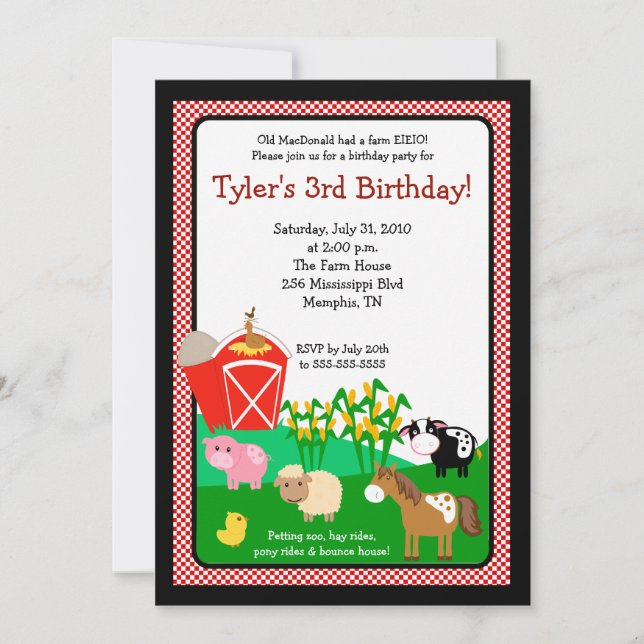 Old MacDonald Farm EIEIO 5x7 Birthday Invitation (Front)
