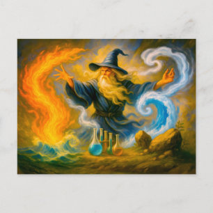 Old mage mastering the four elements in oil holiday postcard