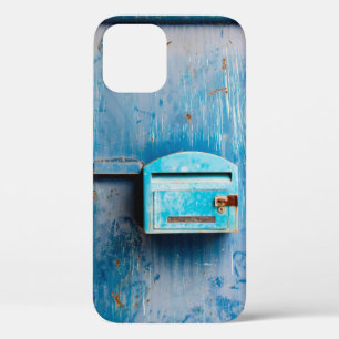 Old mail box on doorantique, background, blue, box iPhone 12 case
