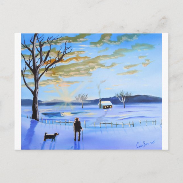 Old man and his dog winter snow painting postcard (Front)