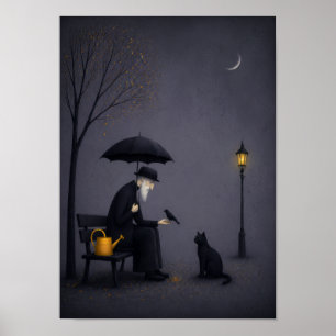 Old Man Feeding a Bird in Quiet Rain Poster