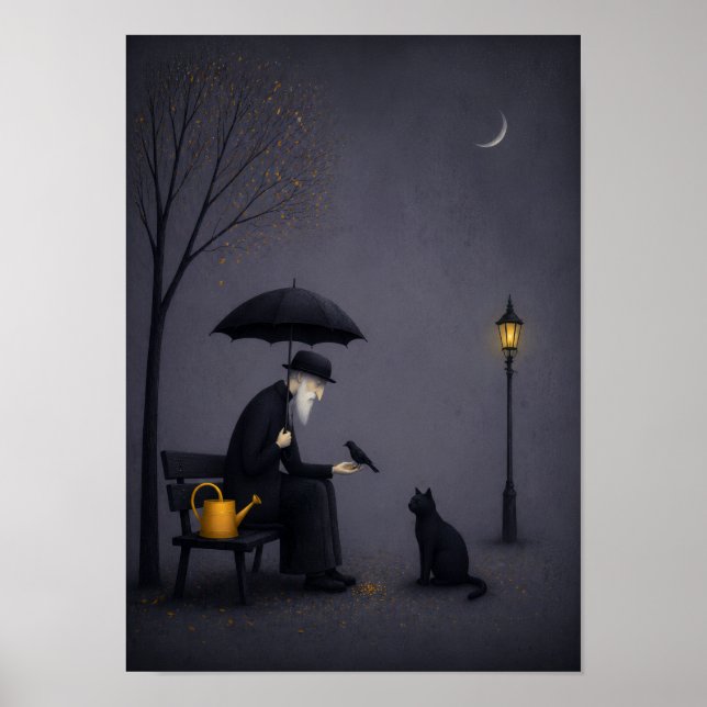 Old Man Feeding a Bird in Quiet Rain Poster (Front)