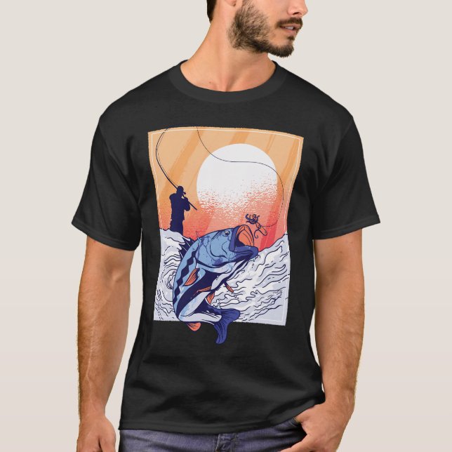 Old man Fishing Sunset retro T-Shirt (Front)