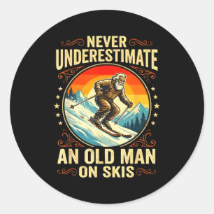 Old Man On Skis Funny Winter Sport Grandpa Retired Classic Round Sticker