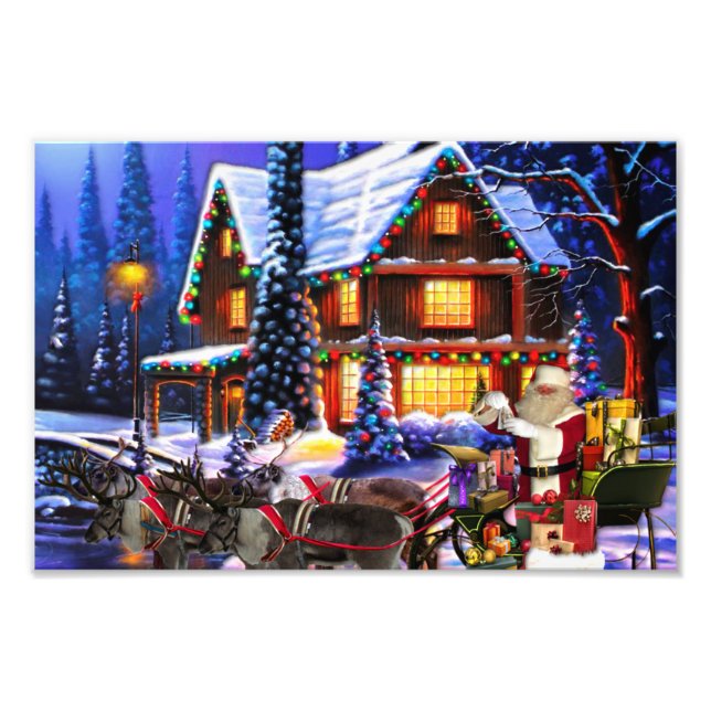 Old Man Santa Claus and Reindeer Photo Print (Front)