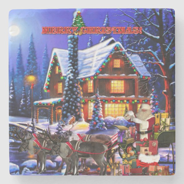 Old Man Santa Claus and Reindeer Stone Coaster (Front)