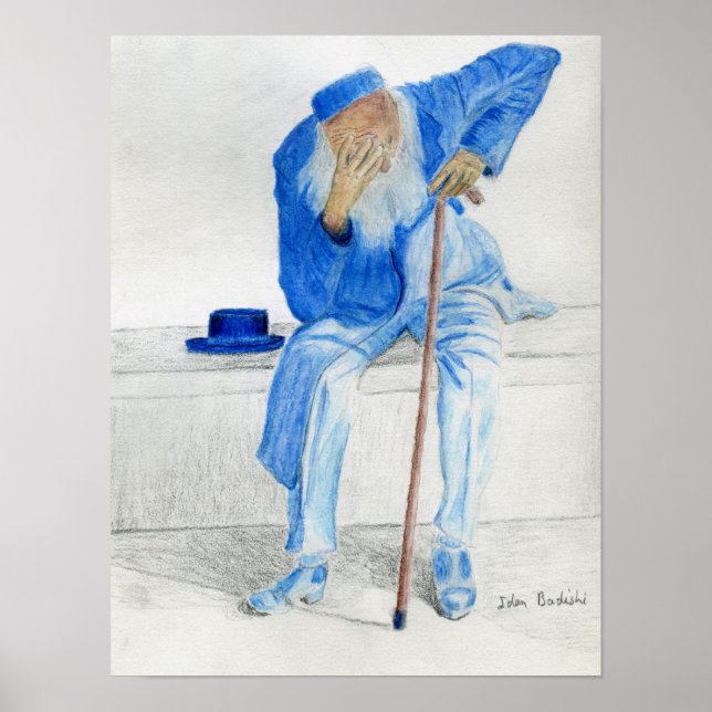 Old Man Sitting on a Bench, Wearing Blue Clothes Poster (Front)