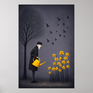 Old Man Watering Hope Beneath Silent Birds Poster