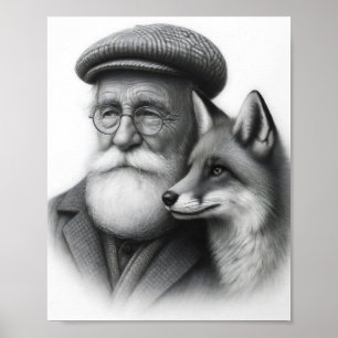 Old Man with Fox Classic Black & White Pencil Art Poster