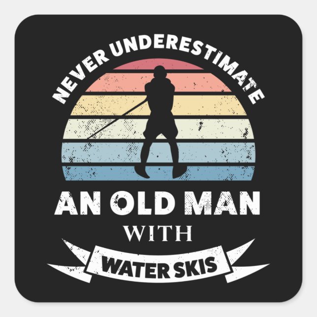 Old Man with Water Skis Funny Gift Dad Square Sticker (Front)