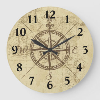 Old Map Compass Large Clock