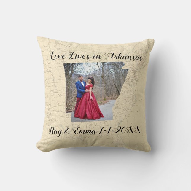 Old Map Love Lives In Arkansas State Shaped Photo Cushion (Front)