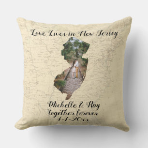 Old Map Love Lives In Jersey State Shaped Photo Cushion
