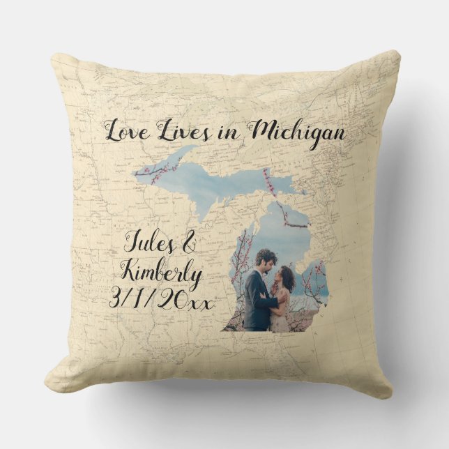 Old Map Love Lives In Michigan State Shaped Photo Cushion (Front)