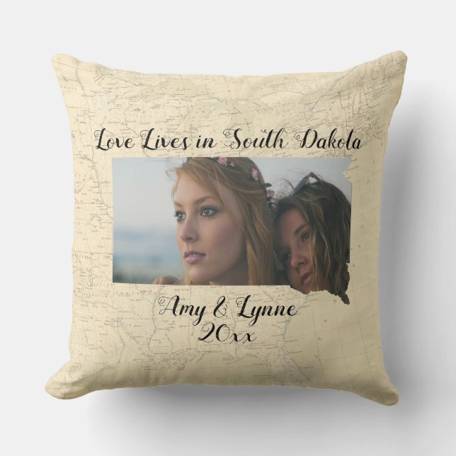 Old Map Love Lives In South Dakota State Photo Cushion (Front)
