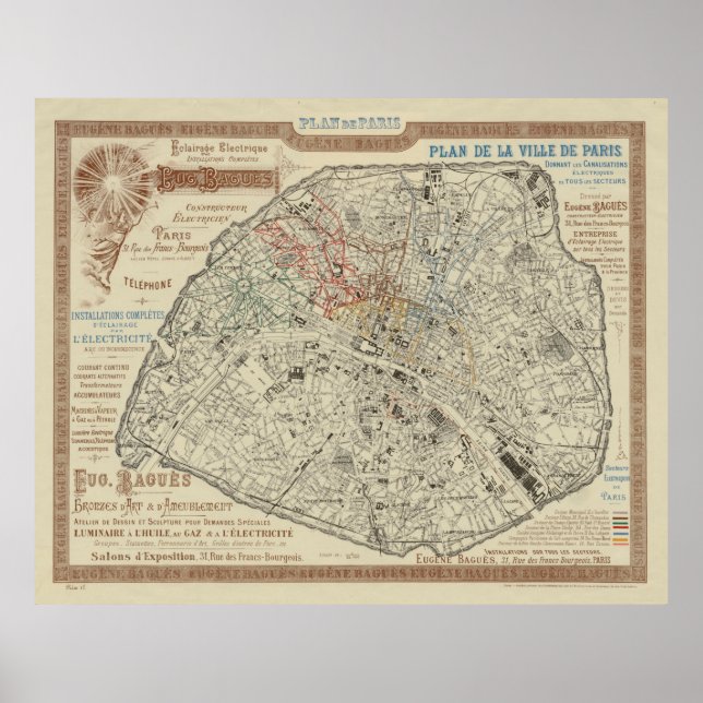 Old Map of Paris France (1895) Poster (Front)