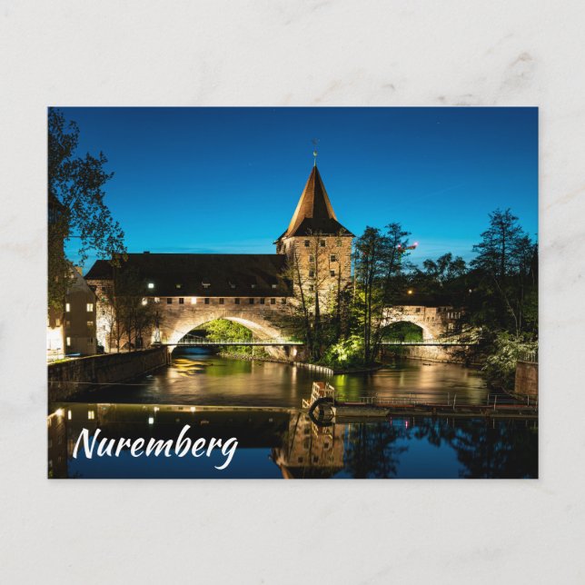 Old mediaeval bridge at night in Nuremberg Postcard (Front)