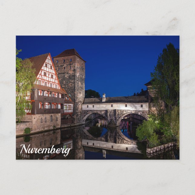 Old medieval bridge at night in Nuremberg, German Postcard (Front)