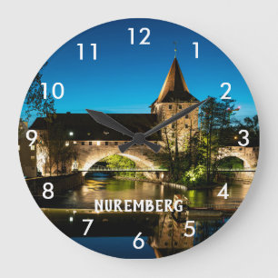 Old medieval bridge at night in Nuremberg Large Clock