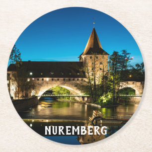 Old medieval bridge at night in Nuremberg Round Paper Coaster