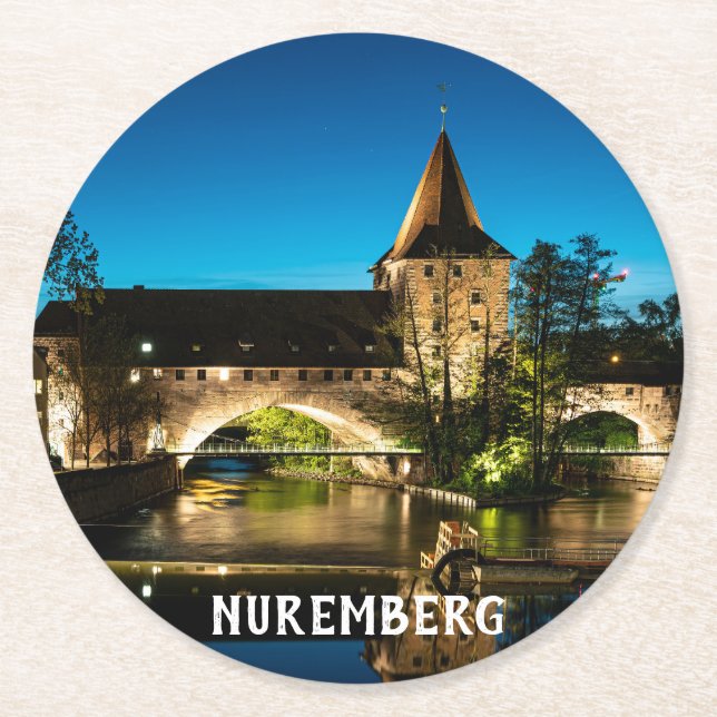 Old medieval bridge at night in Nuremberg Round Paper Coaster (Front)