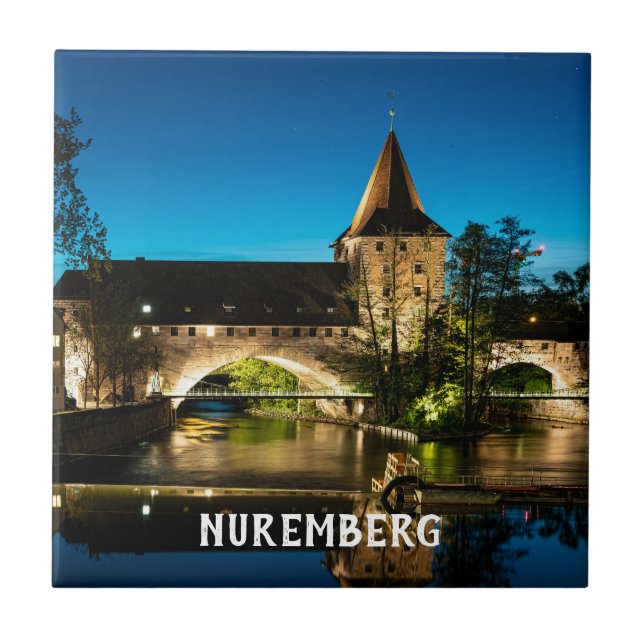 Old medieval bridge at night in Nuremberg Tile (Front)