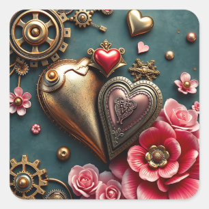 old Metal Hearts and Gears Steampunk Square Sticker