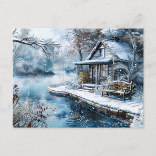 Old Mill by Frosty River in Winter Illustration Postcard