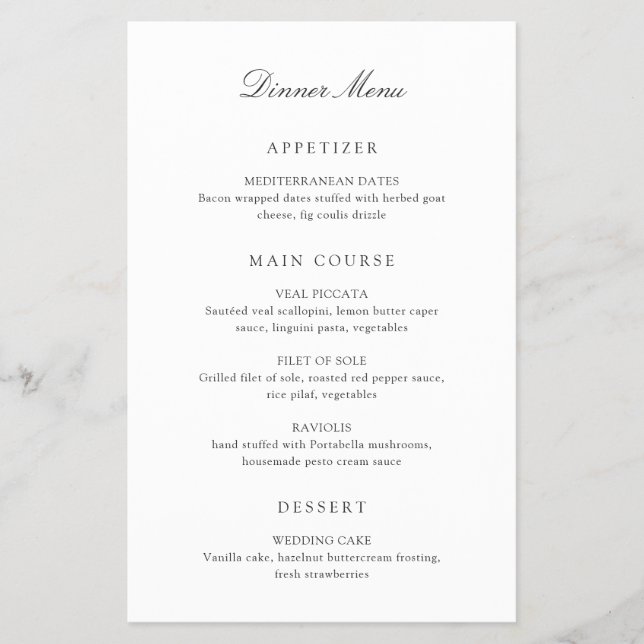 Old Money Black and White Classic Wedding Menu (Front)