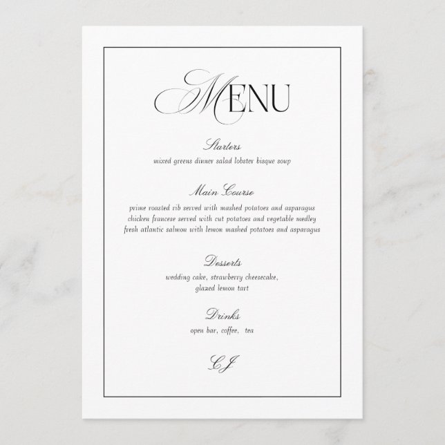 Old Money Black and White Wedding Menu Card (Front)
