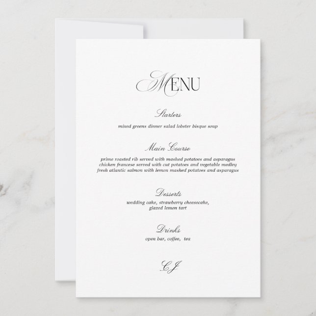 Old Money Black and White Wedding Menu Card (Front)