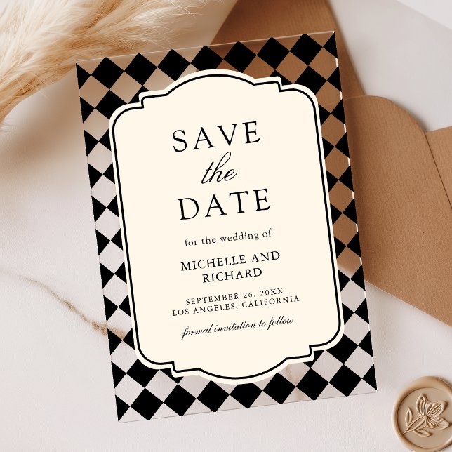 Old Money Black Chequered Wedding Save the Date Acrylic Invitations (Creator Uploaded)