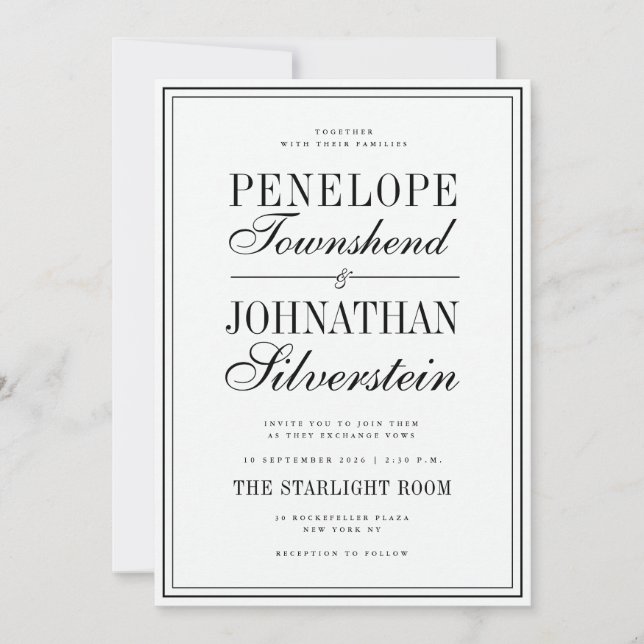 Old Money Black White Serif Script Names Wedding Invitation (Front)
