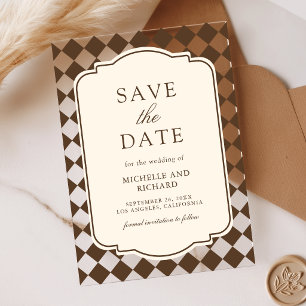 Old Money Brown Chequered Wedding Save the Date Acrylic Invitations