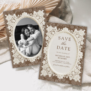 Old Money Brown Ivory Doily Lace Wedding Save The Date