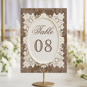 Old Money Brown Ivory Doily Lace Wedding Table Number