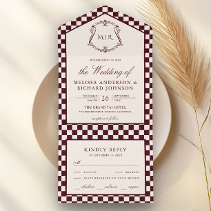 Old Money Burgundy Chequered Monogram Wedding All In One Invitation