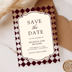 Old Money Burgundy Chequered Wedding Save the Date Acrylic Invitations