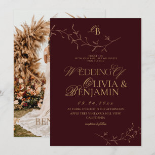 Old Money Burgundy Elegant Botanical Wedding Invitation