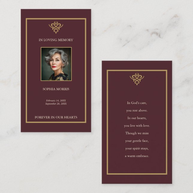 Old Money Burgundy Funeral Prayer Card (Front/Back)
