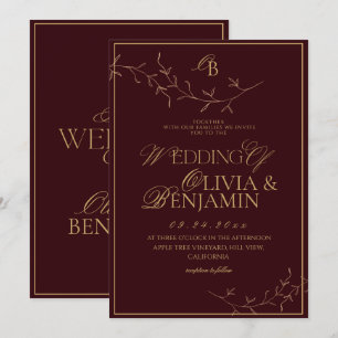 Old Money Burgundy Gold Wedding Invitation
