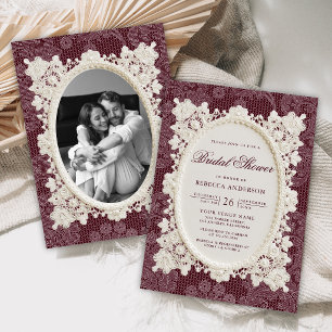 Old Money Burgundy Ivory Doily Lace Bridal Shower Invitation