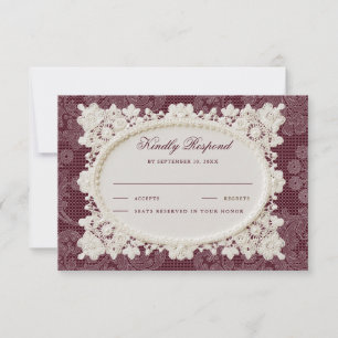 Old Money Burgundy Ivory Doily Lace Wedding RSVP Card