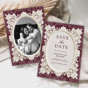 Old Money Burgundy Ivory Doily Lace Wedding Save The Date