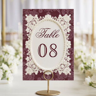 Old Money Burgundy Ivory Doily Lace Wedding Table Number