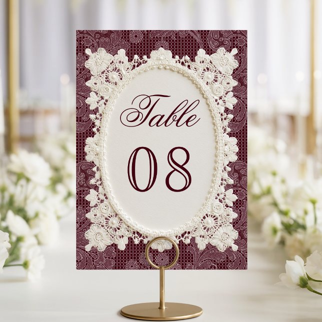 Old Money Burgundy Ivory Doily Lace Wedding Table Number (Creator Uploaded)