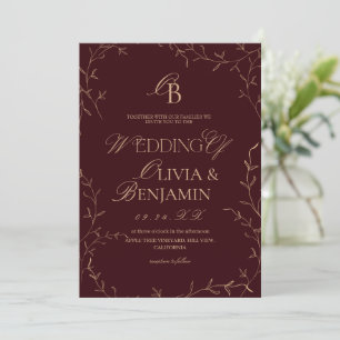 Old Money Burgundy Minimalist Botanical Wedding Invitation