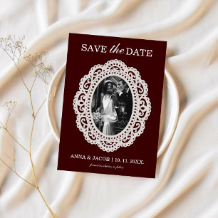 Old Money Burgundy Photo Retro Lace Save The Date Invitation