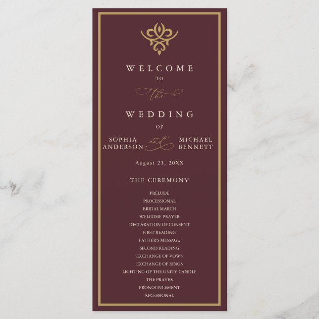 Old Money Burgundy Wedding Program Programme (Front)