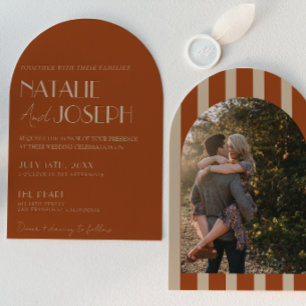 Old Money Burnt Orange Gold Arched Photo Wedding Invitation